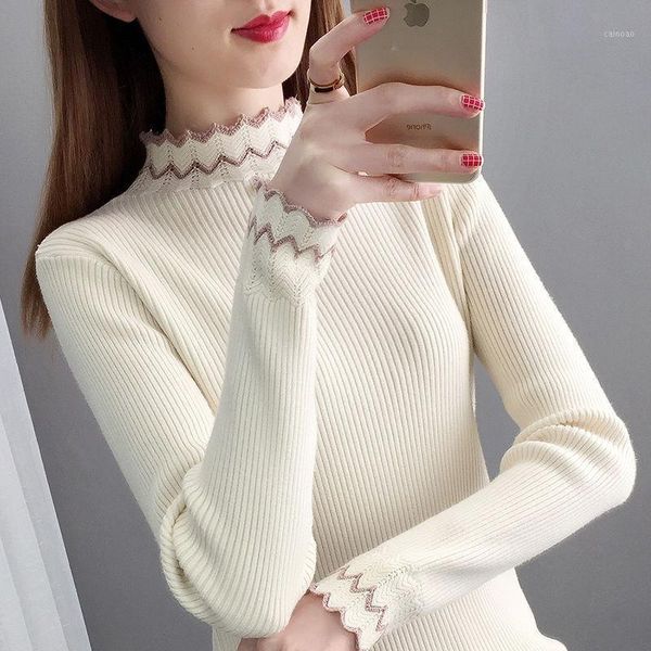 

women 2021 winter half turtleneck long sleeves solid slim pullovers female loose casual thick cotton knitted sweaters b64 women's, White;black