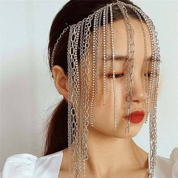 

3pcs/lot mixed ethnic style cross headbands handmade multi layer tassel thick chain hair band women geometric diamond hair jewelry wholesale, Silver