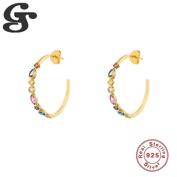 

big colorful earrings 925 sterling silver piercing stud ear rings round c shape color zircon simple fashion women pendientes, Golden;silver