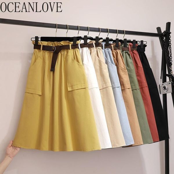 

skirts oceanlove spring student casual women 2021 a-line solid big pockets faldas high waist vintage belt long 13776, Black