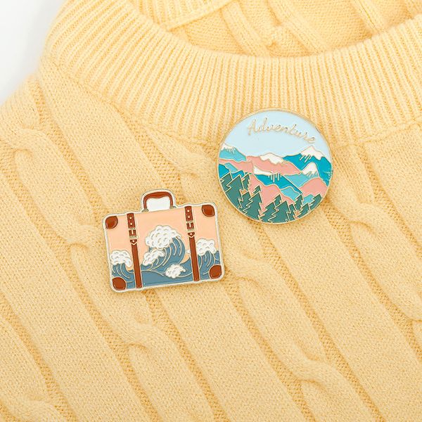 

outdoor adventure travel bag shape brooches circle mountain tree wave clothes badges alloy oil paint backpack sweater collar pins european a, Gray