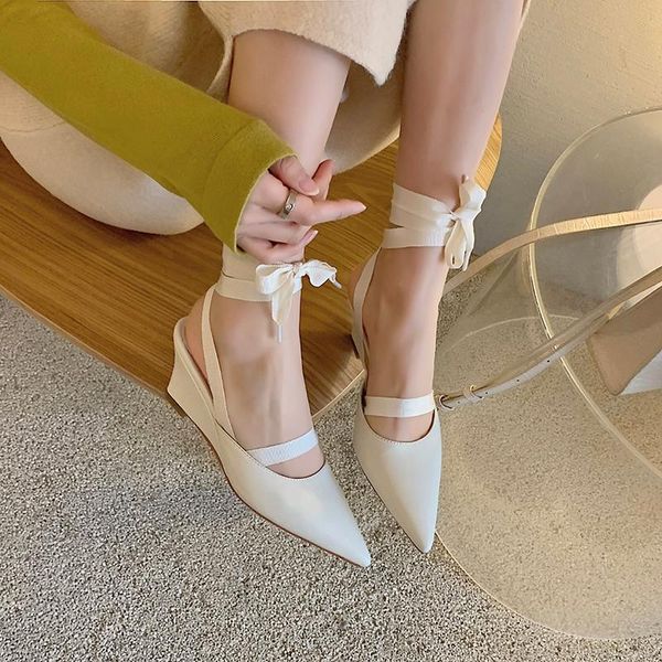 

sandals 2021 summer slope heel pointed women pure desire wind lace straps ballet and slippers women's singles, Black