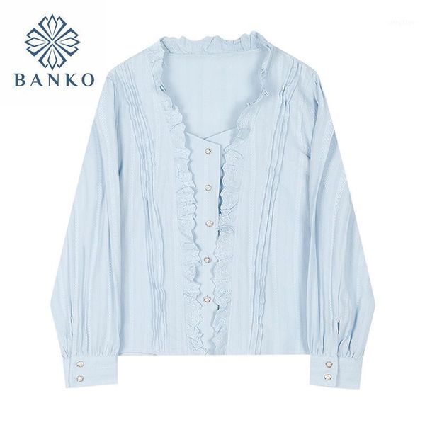 

blouses and shirts for ladies stylish light blue ruffle collar single breasted vintage women pearl button chic fashion women's &, White