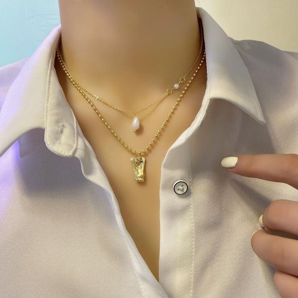 

pendant necklaces irregular geometric alloy necklace double layers gold color beaded thin chain for women girls fashion jewelry, Silver