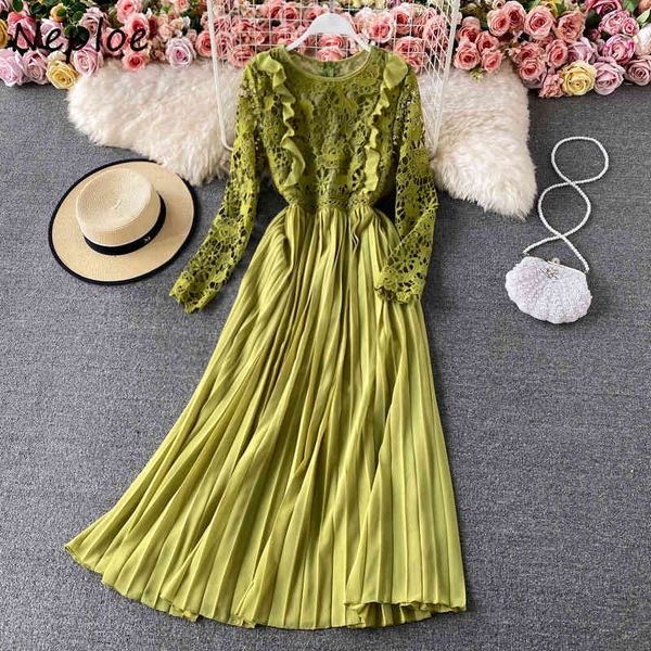 

neploe elegant lace patchwork hollow out dress women high waist hip a line long vestidos spring o neck long sleeve pullover robe 210422, Black;gray