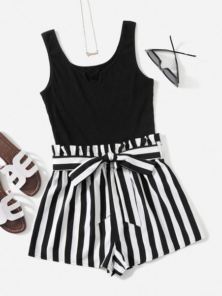 

ribbed knit stripe print belted romper n7g3#, White