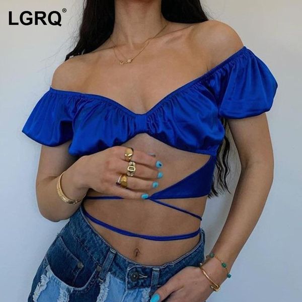 

women's t-shirt [lgrq] women blue bandage hollow out slim super short slash neck puff sleeve fashion spring summer 2021 19d834, White