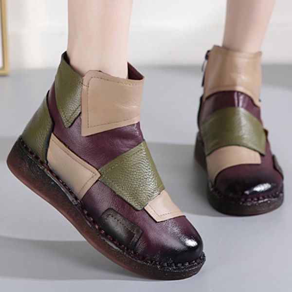 

boots fashion design shoes women mixed color retro casual handmade ankle flat genuine leather soft bottom sy880, Black