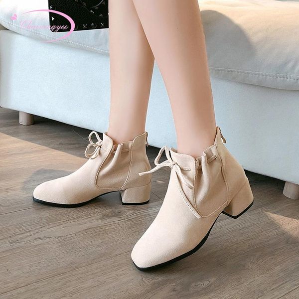 

boots party style round toe nubuck ankle fashion bowknot zipper beige black medium heels chunky motorcycle women's shoes