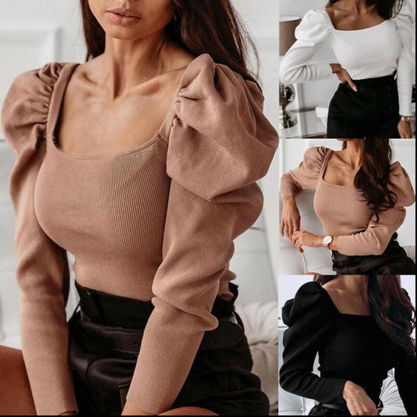 

women shirt casual solid puff ladeis long sleeve square neck knitted blouse slim fit clubwear shirts winter fashion, White