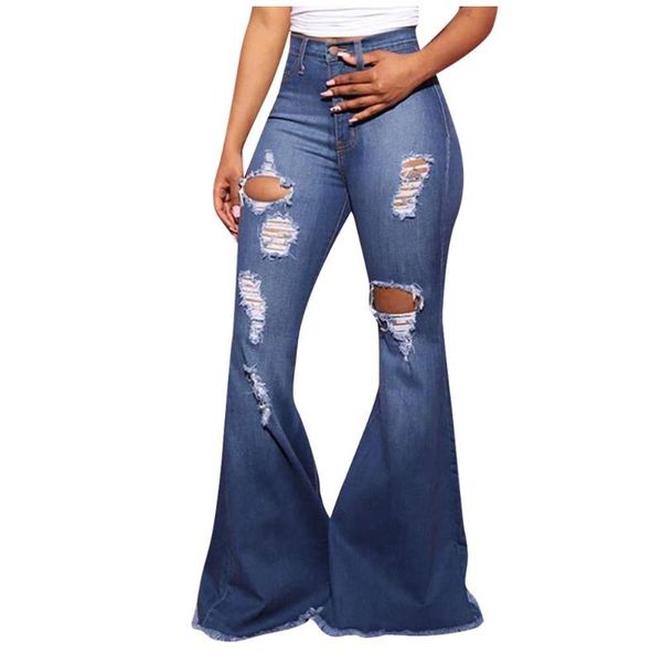 

women's jeans summer street solid color holeless stretch-slim nine-point denim trousers flared pants, Blue