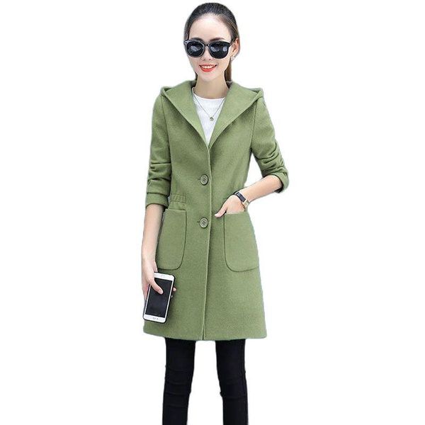 

women's wool & blends mid-length woolen coat female blended spring autumn hooded jacket fashion slim elegant red green women outerwear, Black