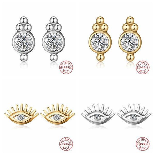 

luxury sterling silver eye series earrings cz zircon screw back stud for women wedding engagement piercing jewelry a30, Golden;silver