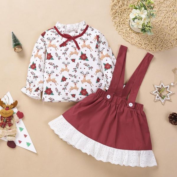 

clothing sets autumn baby girl clothes set christmas day toddler kids girls long sleeve +suspender skirt outfits1, White