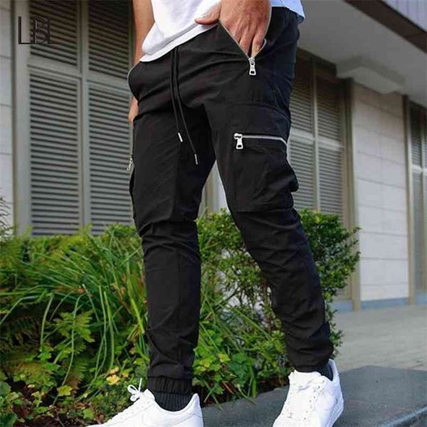 Jogger Jogginghose Track Hosen Männer Slim Fit Workout Hose Männlich Multi-Pocket Casual Skinny Herren Reißverschluss Design Sportswear 210715