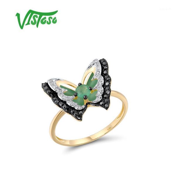 

cluster rings vistoso pure 14k 585 yellow gold ring for woman natural emerald sparkling diamond butterfly wedding party fine jewelry1, Golden;silver