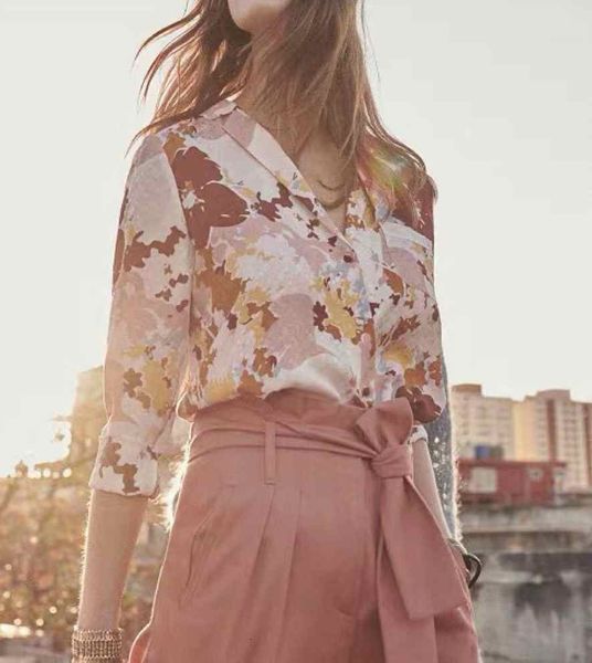 

shirt abstract 100% silk suit collar pink coffee color matching double sand wash women 0uc2, White