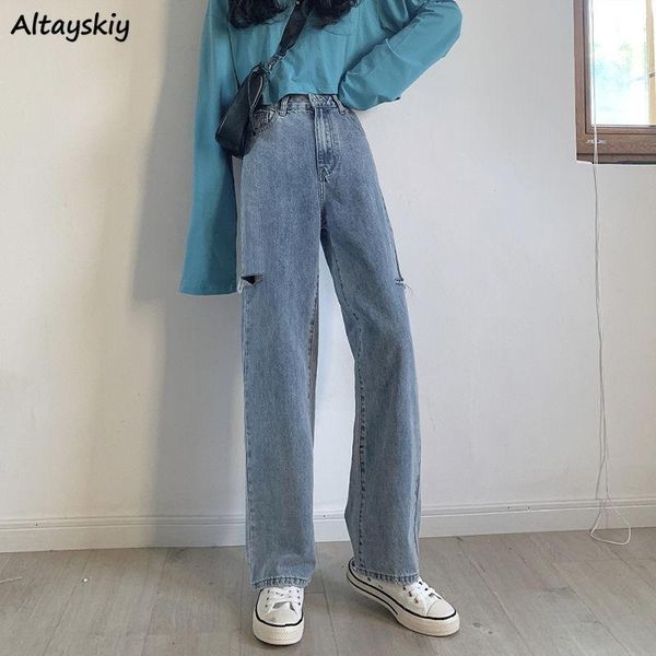 

jeans women hole preppy style trendy spring female student loose straight high waist kpop vintage solid streetwear mujer de moda women', Blue