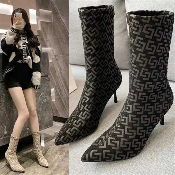 

boots fashion stretch women's 2021 british pointed stiletto thin short, Black