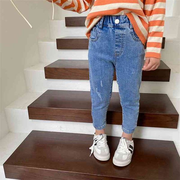 

girls fashion skinny ripped jeans spring kids all-match elastic denim pants 210708, Blue