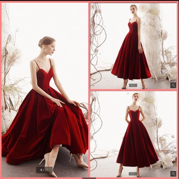 

2021 real p burgundy velvet a line short prom dresses spaghetti straps ankle length informal backless party dress sweetheart neck petite coc, Black