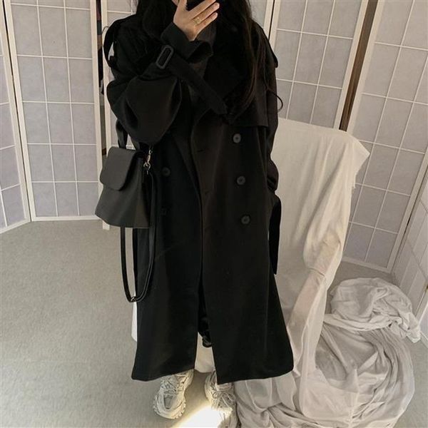 

women's trench coats women patch daily temperament elegant all-match loosely long chic england style solid simple clothes classy, Tan;black