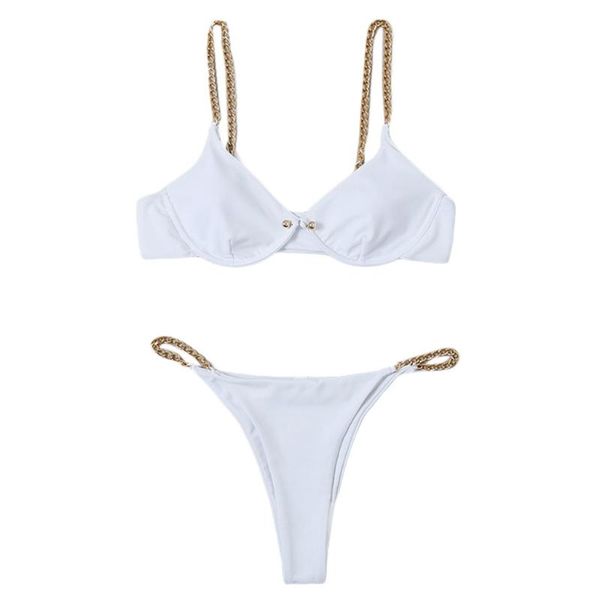 

one-piece suits bikini set solid color chain clause multi-size split swimwear 2 pcs with chest pad without steel support women