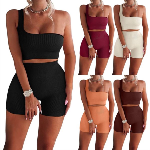 

2 piece seamless gym womens tracksuits set ribbed crop o neck sports bra high waist leggings shorts women fitness, Gray