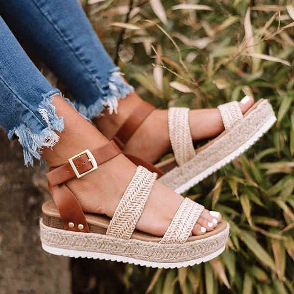 

summer platform shoes casual women plus size sandals buckle strap gladiator thick soled open toe sandals straw weaving shoes y0305, Black
