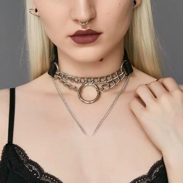 

chokers cool punk gothic chain link choker collar leather o round metal necklace fashion jewelry, Golden;silver