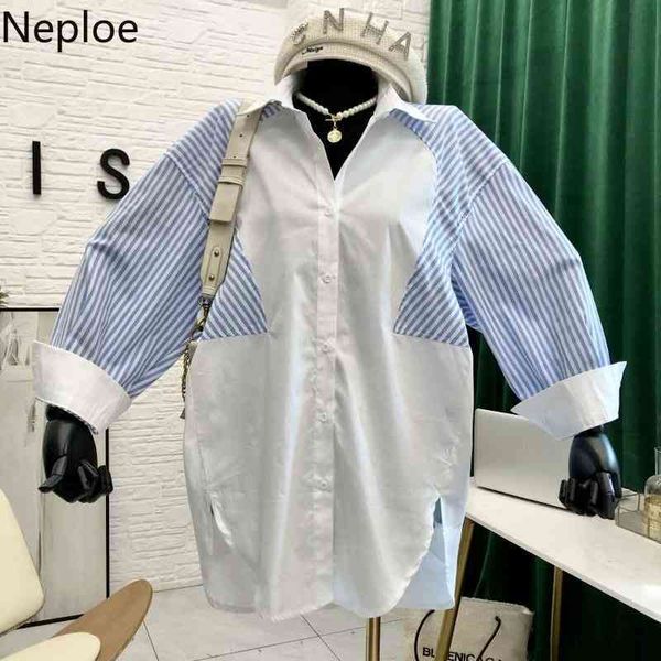 

neploe fashion shirt womens patchwork contrast color striped blouses korean blusas mujer loose casual harajuku blouse 210422, White