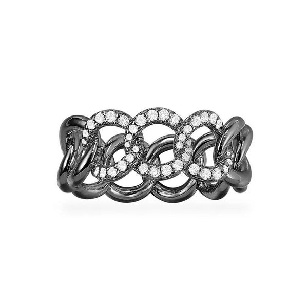 

cluster rings sljely fashion rock 925 sterling silver black grey chain link finger ring micro cubic zirconia women gothic collection jewelry, Golden;silver