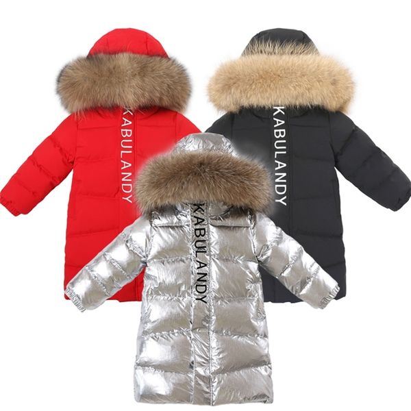 -30 Grad Winter-Daunenjacke für Kinder, schwarzer dicker langer Mantel mit Kapuze für Mädchen, wasserdichte warme Oberbekleidung, natürlicher Pelzkragen 211222