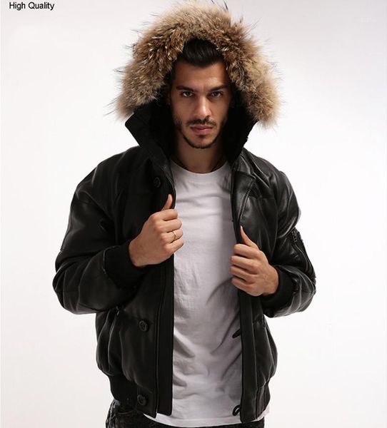 

men's leather & faux down jacket real fur genuine men sheepskin black winter coat hooded bomber