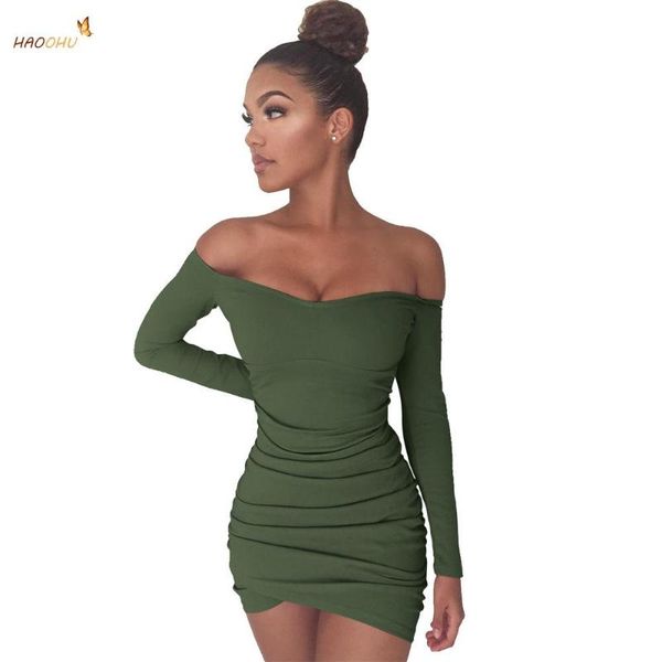

casual dresses haoohu vestidos dress summer long sleeve off-the-shoulder pleated irregular sheath mini drom, Black;gray