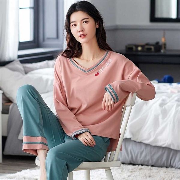 

l xl xxl long sleeve women nightwear sleepwear 100% cotton sets autumn winter full pajamas pyjamas 211109, Black;red