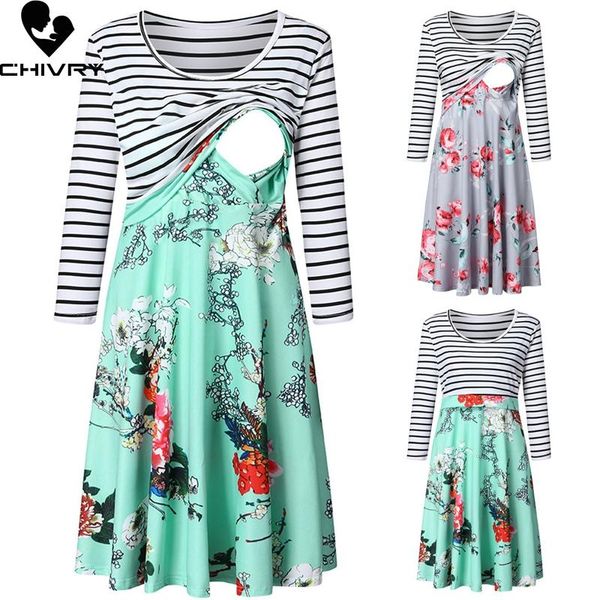 

maternity dress pregnant women long sleeve o-neck striped floral print nursing breastfeeding vestidos dresses, White