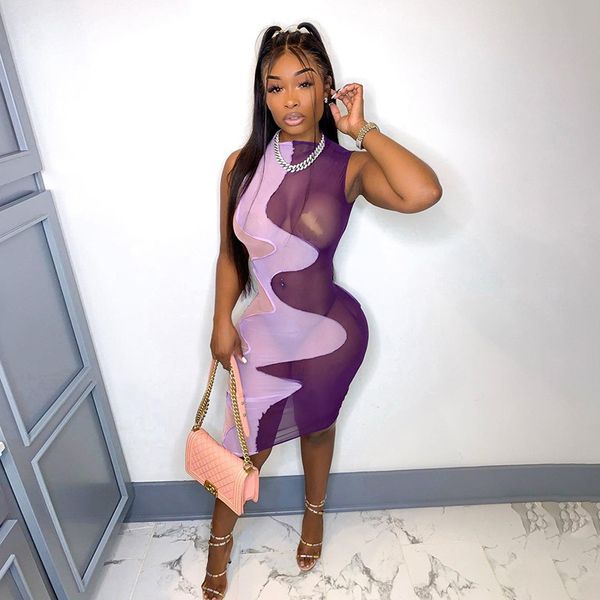 

2021 summer ins new women's round neck sleeveless fashion color contrast perspective dress, Black;gray