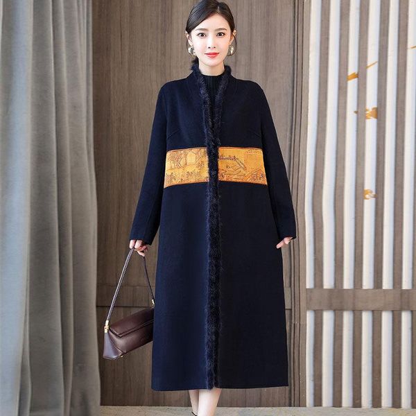 

women's wool & blends large size cashmere chinese style coat autumn and winter 2021 high-end temperament mid-length woolen jacket m1219, Black