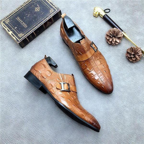 

genuine leather formal shoes men luxury wedding oxford dress shoes plus size 37-46 rubber sole buckle crocodile shoes, Black