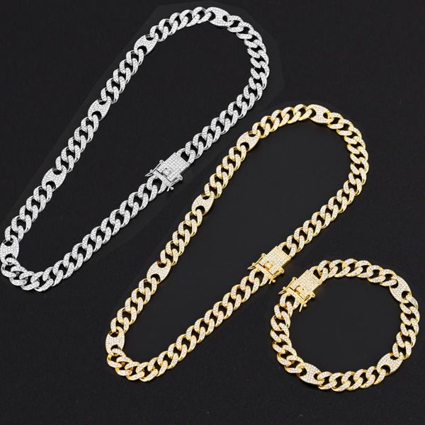 

12mm link figaro chain pig nose miami curb cuban men's hip hop necklace iced out bling gold silver color usa rock rap jewelry chains