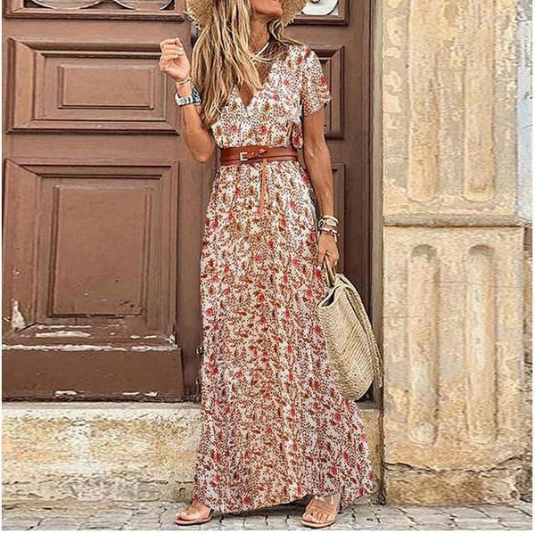 

womens floral women dress vintage boho long print v neck short sleeve elegant bohemian vestidos plus size dresses, Black;gray