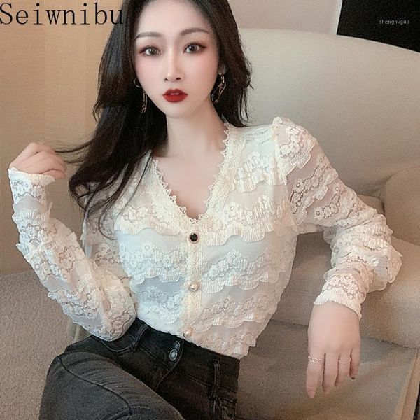 

women's blouses & shirts seiwnibu women 2021 spring autumn korean elegant vintage temperament female v-neck lace stitching design, White