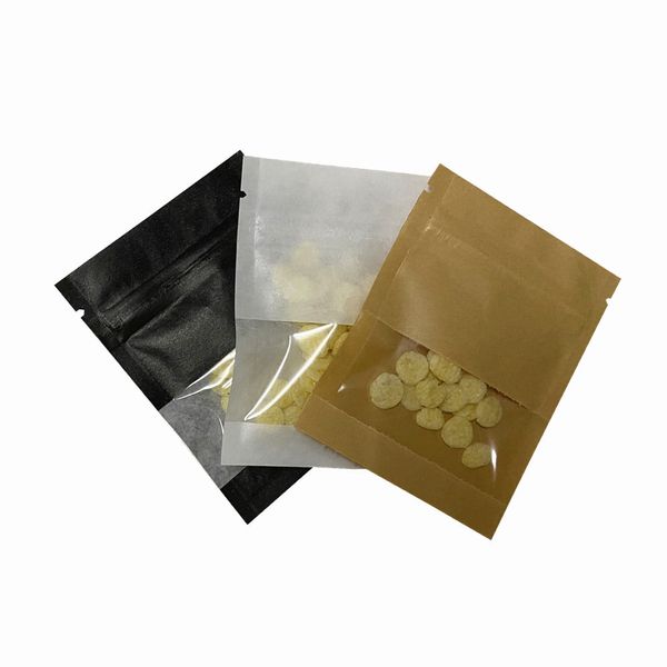 Sacchetti di imballaggio con chiusura lampo in carta kraft marrone bianco nero con sacchetti con cerniera richiudibili con finestra trasparente per pacchetto snack caramelle 210325