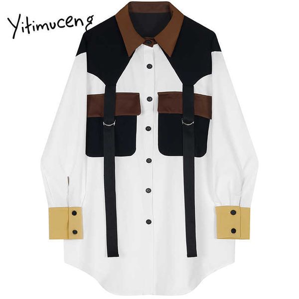 

yitimuceng pockets patchwork button blouse women vintage shirts loose spring fashion square collar office lady 210601, White