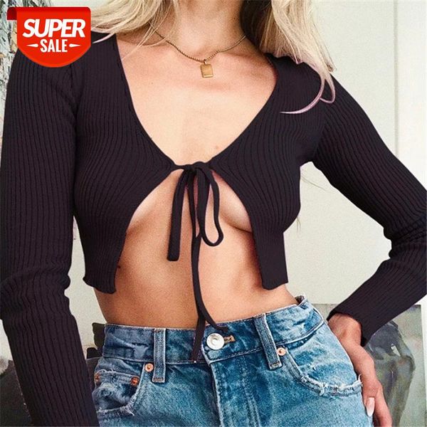 

women cardigan chest bow casual solid color v-neck drawstring long sleeve t-shirt exposed navel slim fit s  l #js20, White