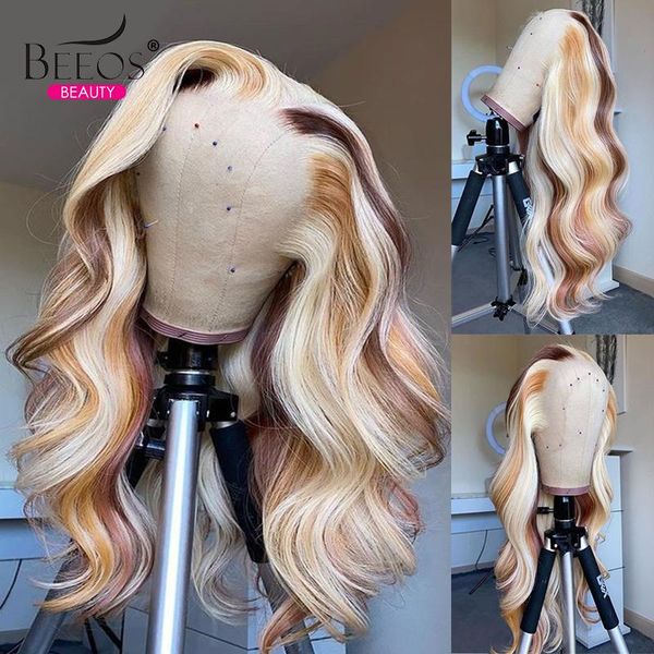 

lace wigs 30 inch honey blonde human hair 613 frontal body wave front for women brazilian wig preplucked hairline, Black;brown