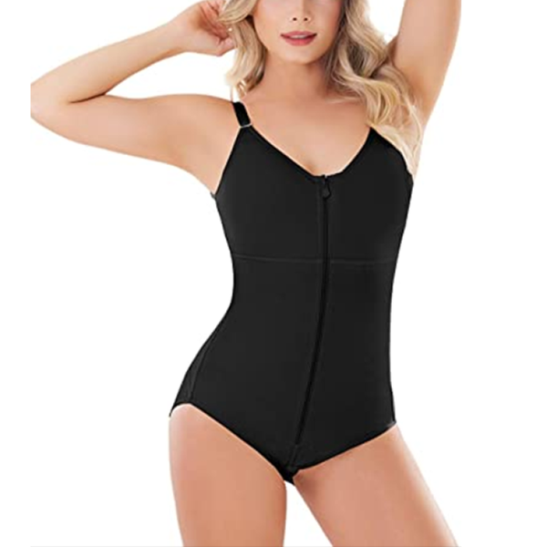 

women's shapers waist trainer thigh trimmer short postpartum v neck shaping underwear wiht zipper for women shapewear bodysuit, Black;white