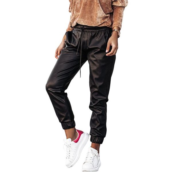 

running pants 2021 women casual solid color trousers ladies elastic waist leather with drawstring and pockets, khaki/ black s-xxxl, Black;blue