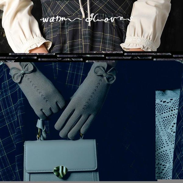 

sports gloves female cute bow embroidery thin plus velvet touch screen driving mittens winter women outdoor cashmere warm cycling, Black